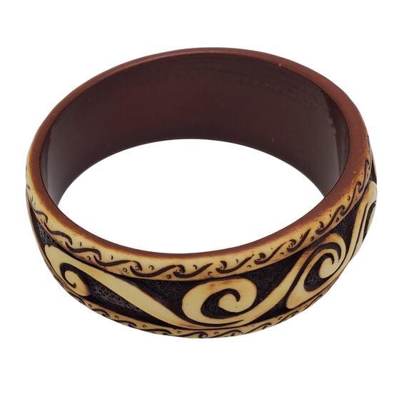 Tribal Swirl Bangle Bracelet Faux Wood Resin Cuff Boho Ethnic Brown Tan Acrylic - Picture 5 of 8